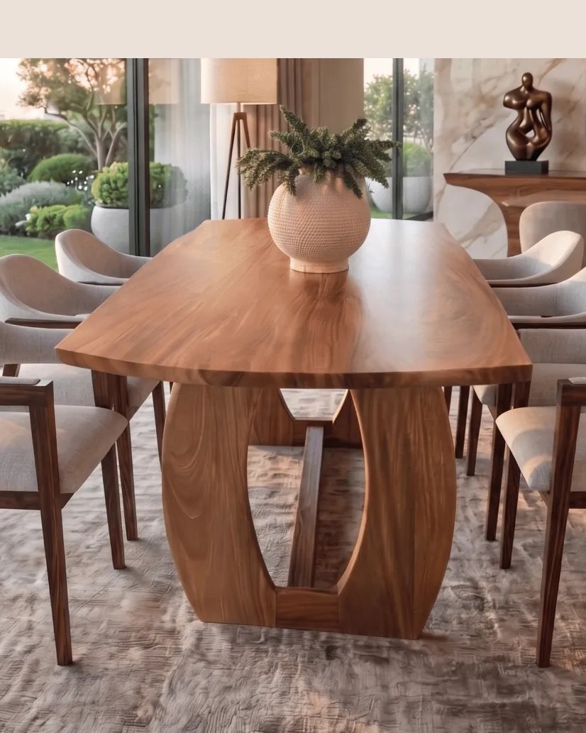 Wood dining table with vase, rattan mirror and living room glimpse beside the garden