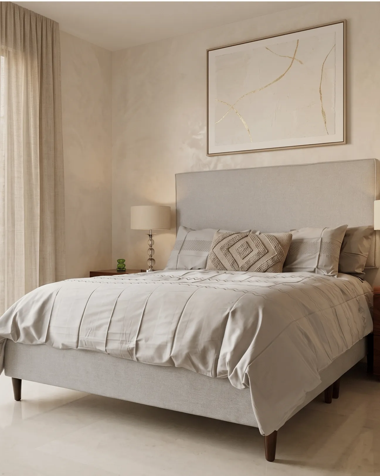 Bedroom with grey upholstered bed, framed art and window onto an interior garden