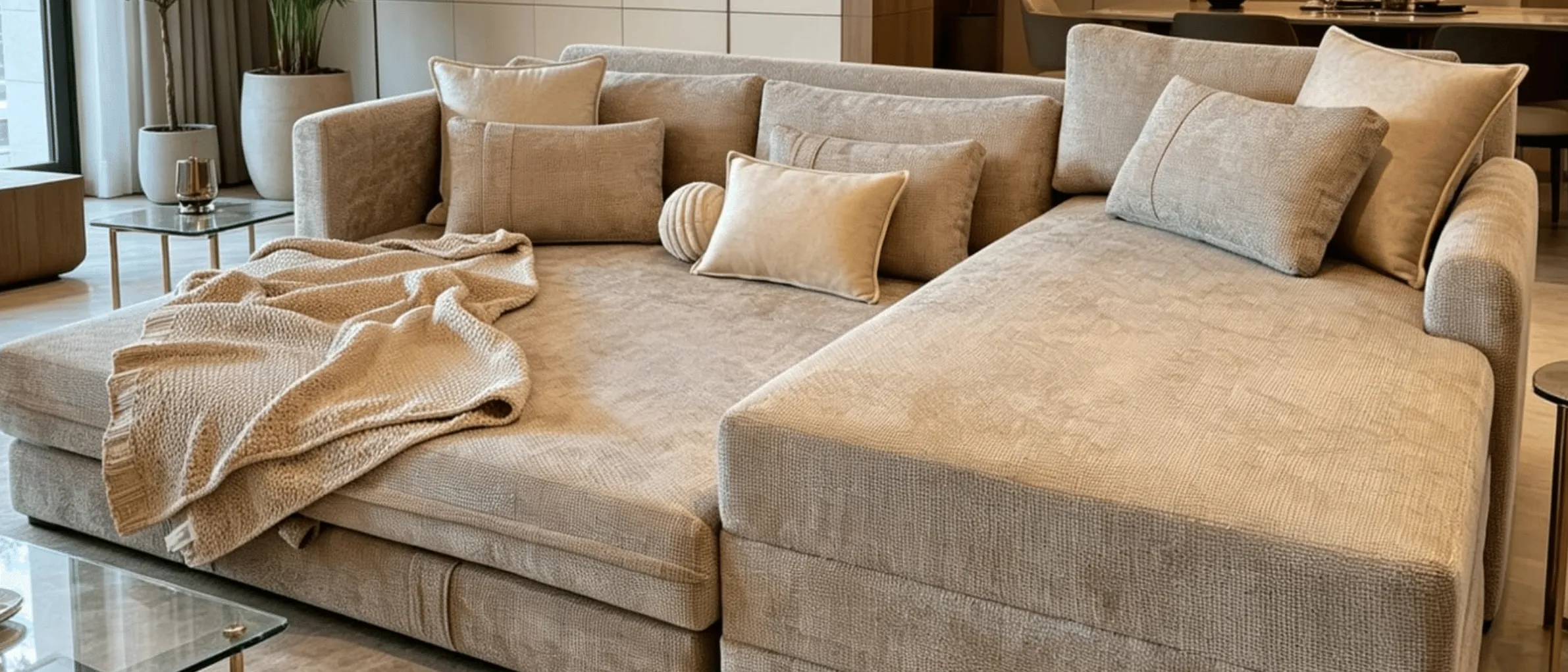 Modern sand-toned living room with modular sofa, cushions and throw, warm afternoon light