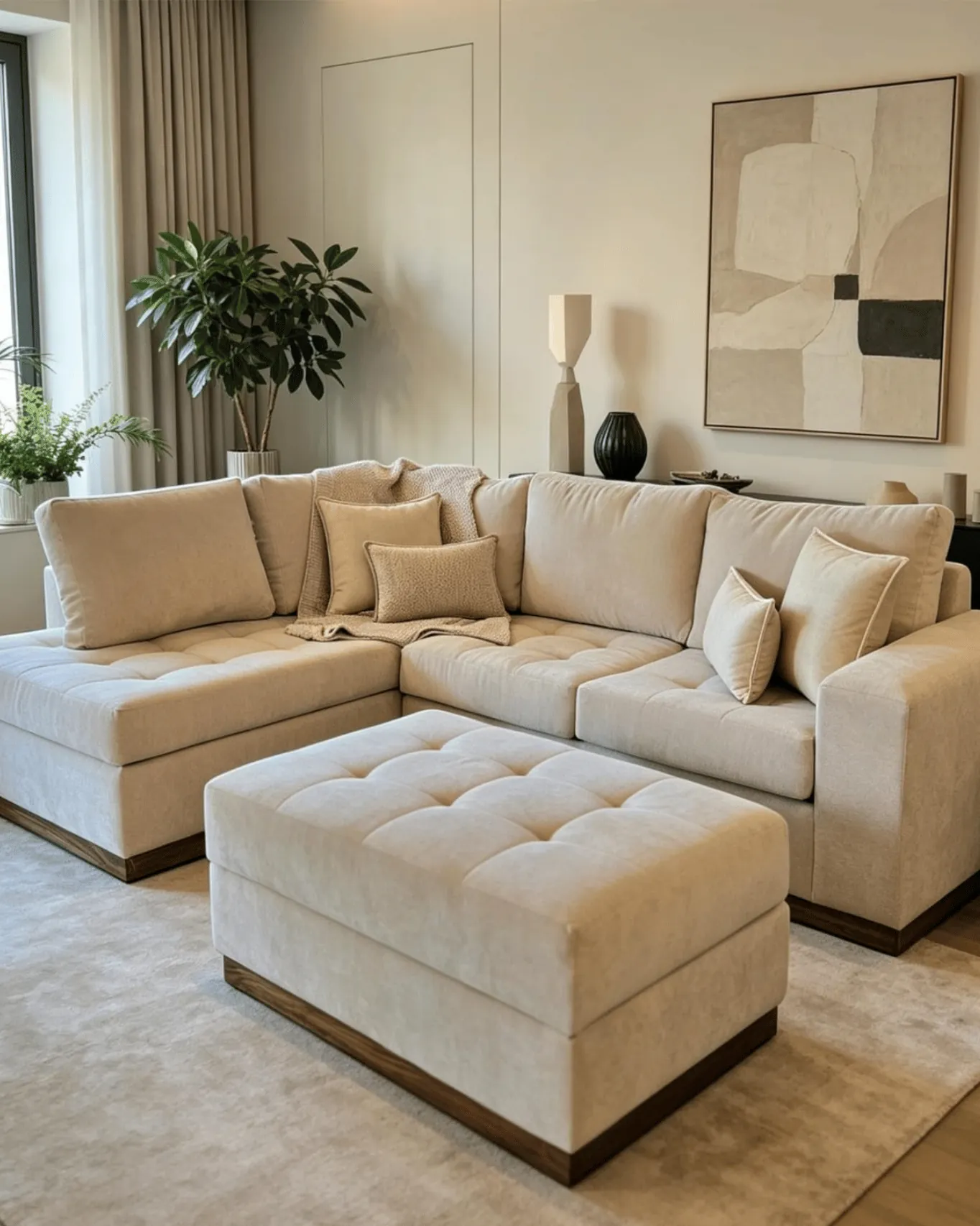 Beige living room with sectional sofa, plant and neutral-toned abstract art